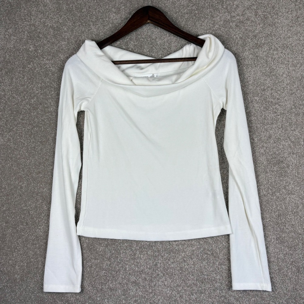 Altar'd State Womens Ribbed Cowl Neck Off Shoulder Long Sleeve Top White Medium